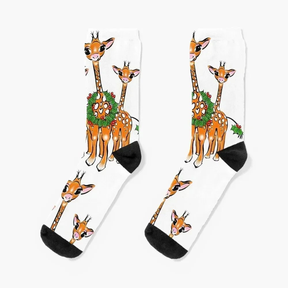 Christmas Giraffe Family, cute illustration with red-green Holly Wreath Socks hiking retro Socks For Women Men's