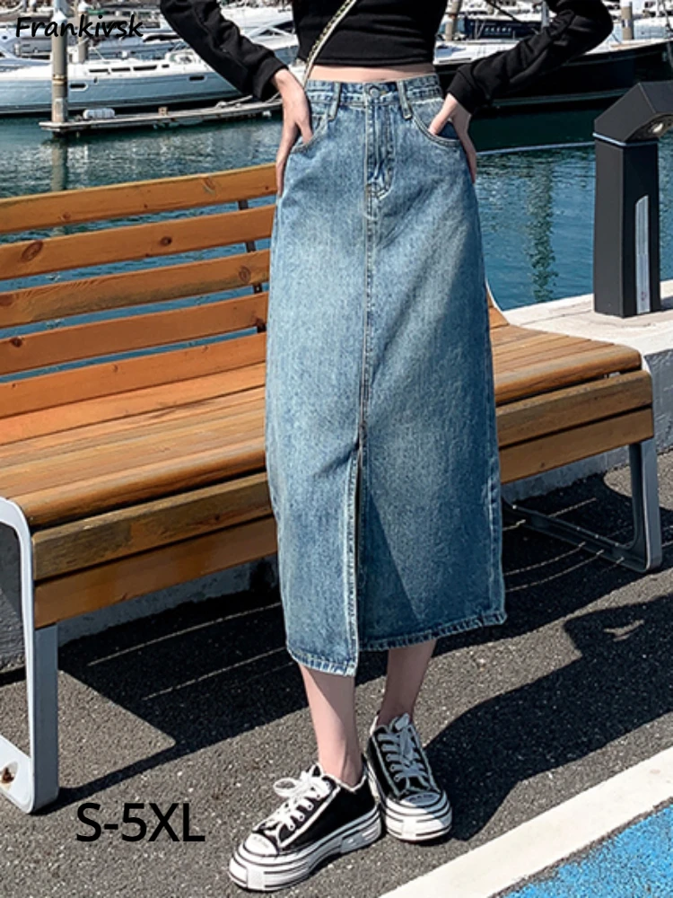 S-5xl Denim Skirts Women Summer Korean Style Bleached High Waist Vintage Leisure Fashion Streetwear Simple Chic Solid All-match