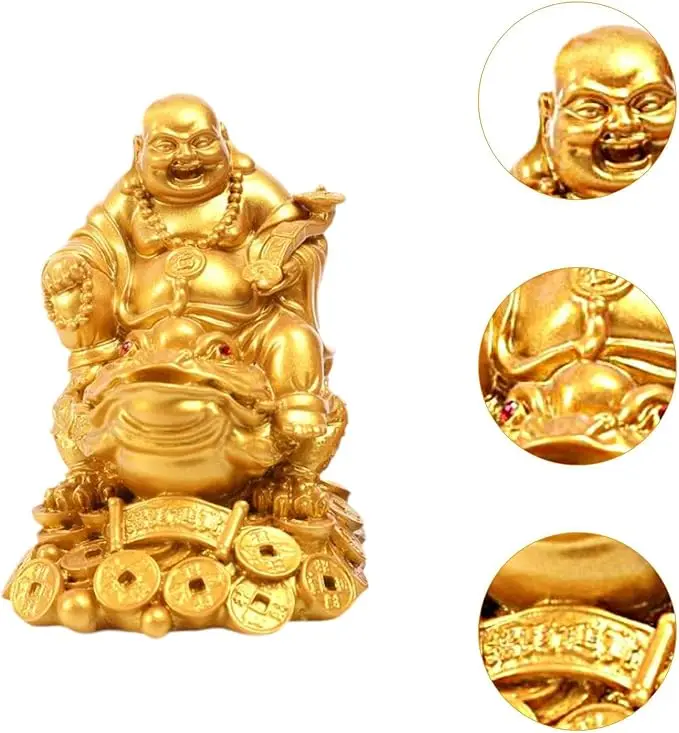 Feng Shui Laughing Buddha, Wealth Laughing Buddha Sit on Money Frog Statue Lucky Toad Car Ornaments Home Office Decoration