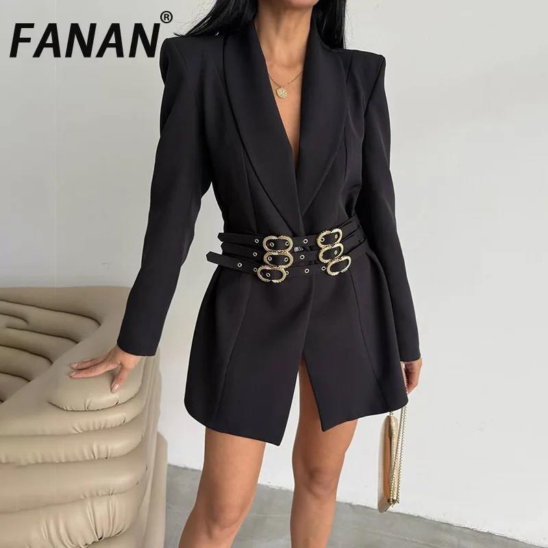 

FANAN Solid Slimming Spliced Belts Fashion Blazers For Women Lapel Long Sleeves Patchwork Button Blazer Female Clothing 2025 New
