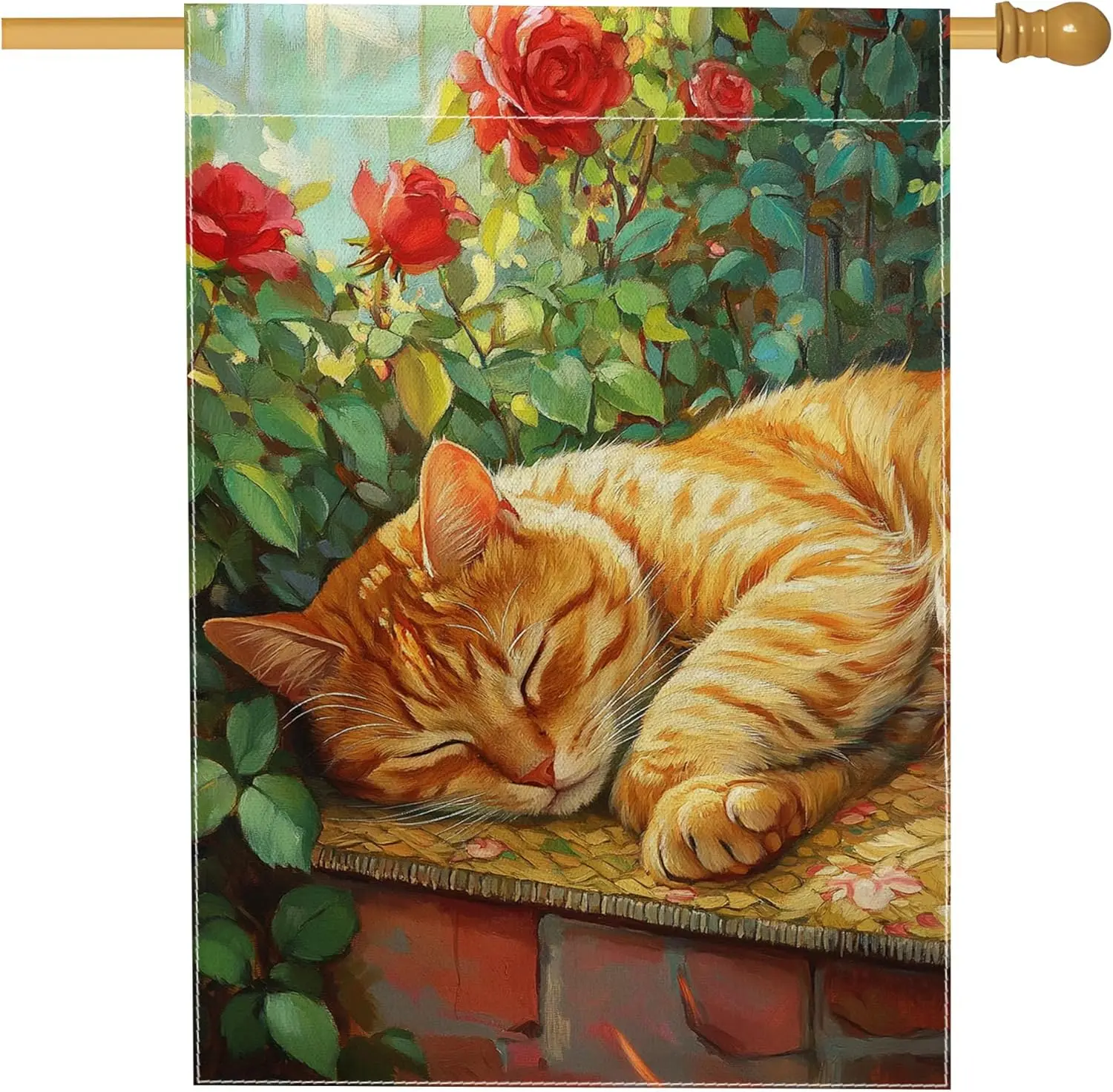 Vibrant Orange Cat Garden Flag, Sleeping Ginger Kitty Floral Outdoor Decor, Seasonal Yard Flag for Summer Home Decoration, o UUX