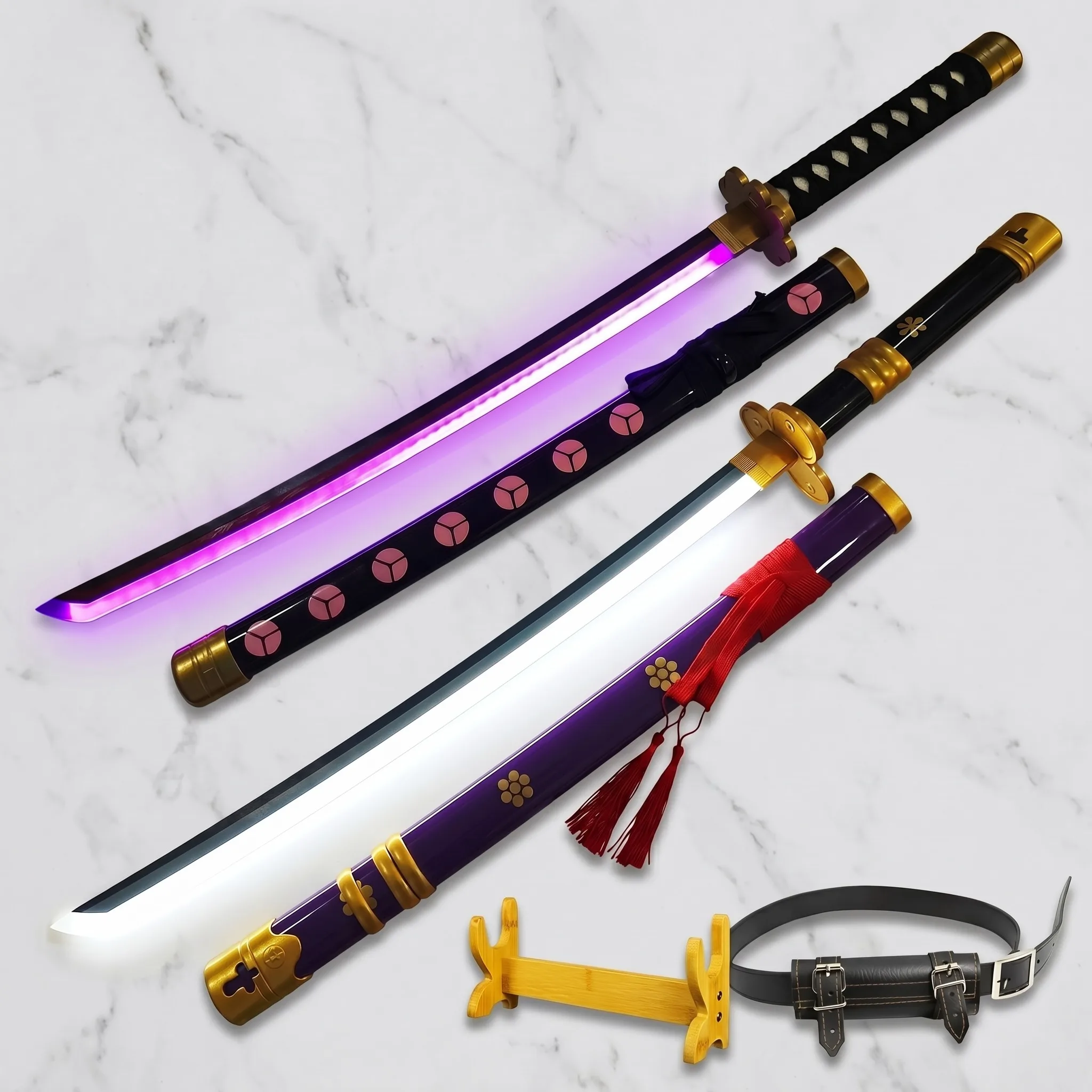 31 Inch One Piece Zoro LED Katana Sword Sabre Blade Ninja Knife Schwert Stand Belt Safe Unsharpened Cosplay Display Photo Prop