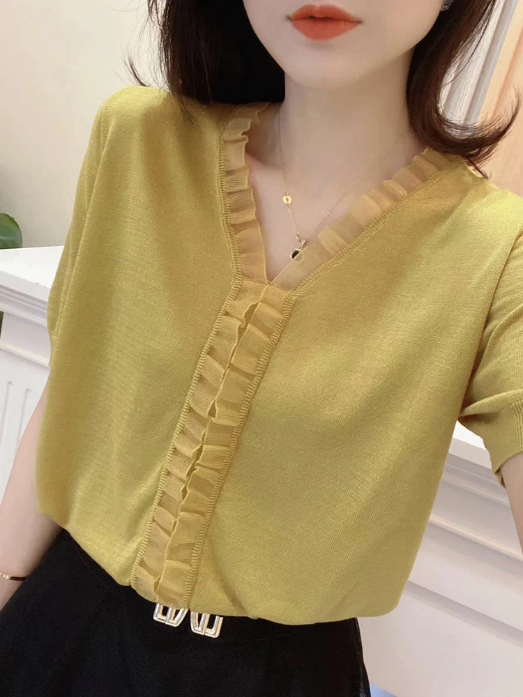 

Футболка женская трикотажная в стиле пэчворк, тонкий топ с коротким рукавом, Повседневная рубашка, цвет черный, лето 2022