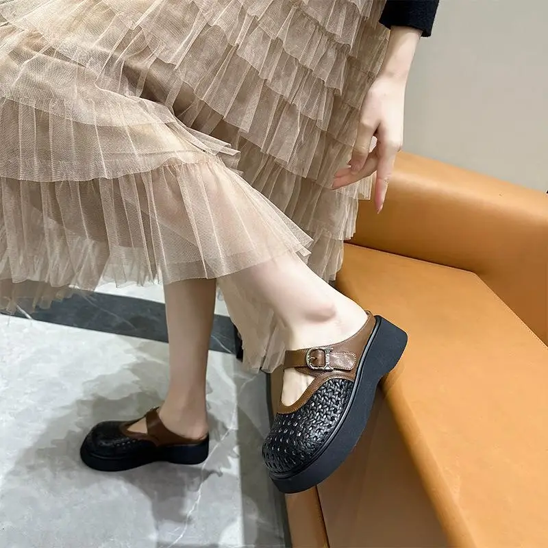 

Thick Heel Sandals Women's Casual Hollow out Top Layer Cowhide Leather Mary Jane Style Slip-On Shoes Flat Bottom TPU Outsole