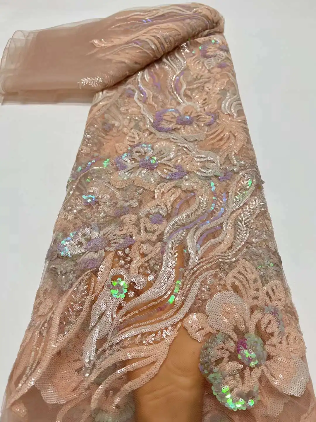 

African Lace Fabric High Quality Sequins Beaded Embroidery Groom French Tulle Lace Fabric for Wedding Party HX