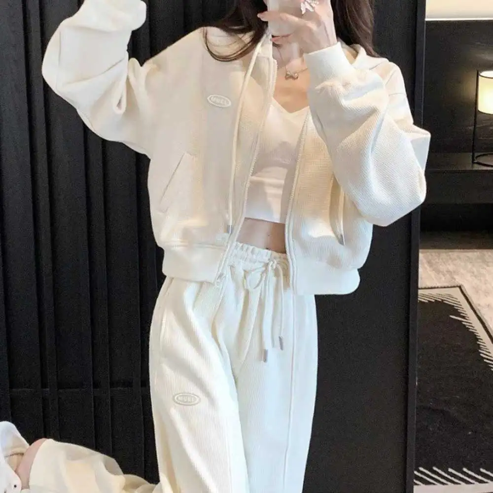 

Hooded Zip Up Two-piece Long-sleeved White Casual Women's Top Autumn Thin Coat High-waisted Straight Slim Tracksuit Pants Woman