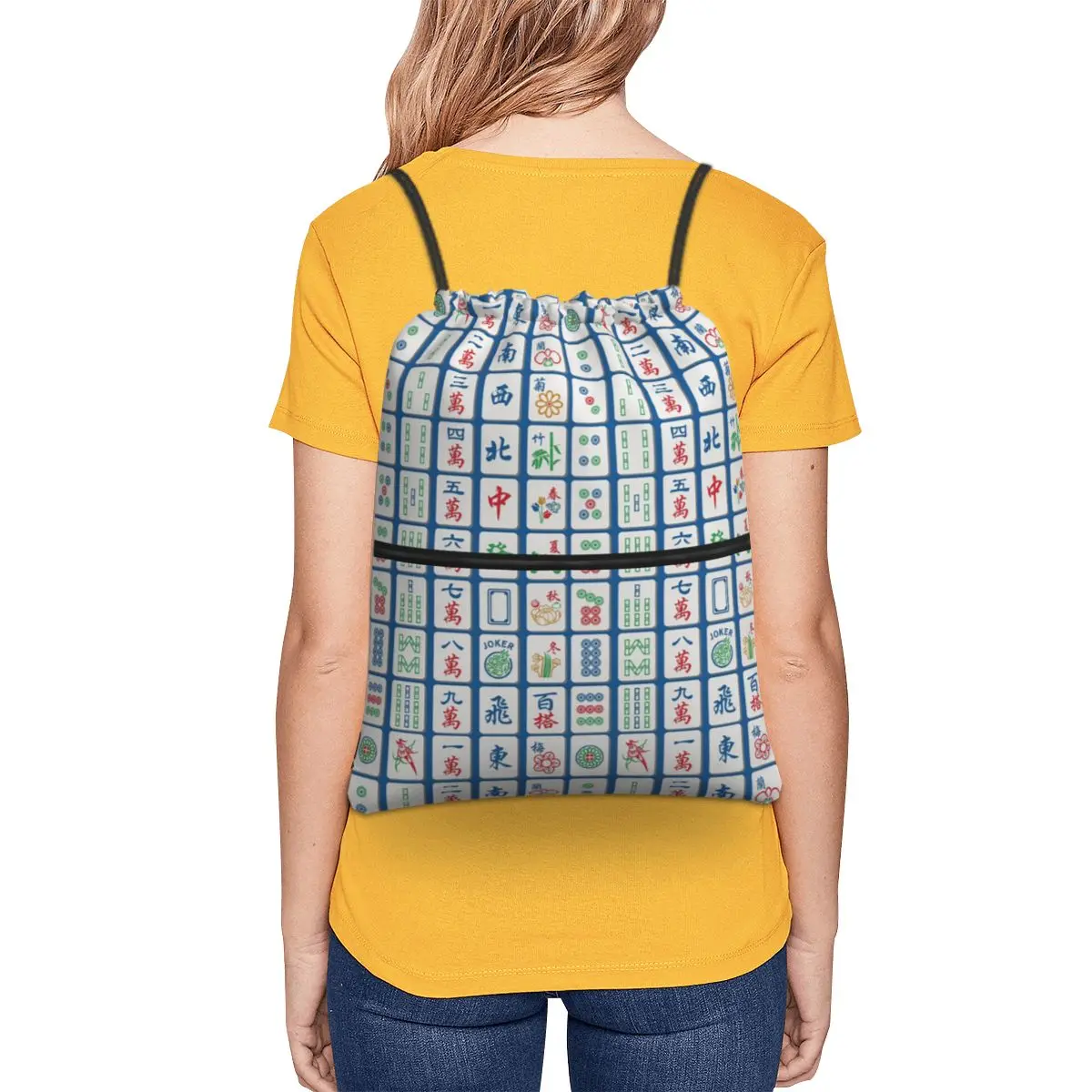 Mahjong Tiles On Blue Backpacks Multi-function Drawstring Bags Shoes Bag Book Bags for Man Woman Students