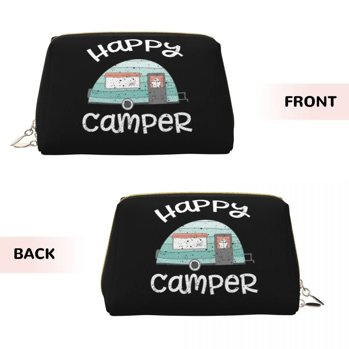 Happy Camper Retro Trailer RV Caravan Camping Women Cosmetic Bag Travel Makeup Organizer Pouch Toiletry Storage Dopp Kit Case