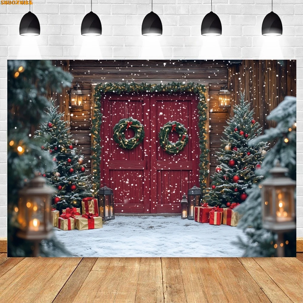 

Christmas Red Rustic Wood Barn Door Backdrop Winter Snowy Snowfield Xmas Tree Gifts Wreath Kids Portrait Photography Background