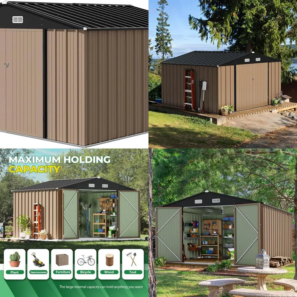 

Металлический навес для улицы 10 x 10 футов — большое хранилище с одной запирающейся дверью для садовых инструментов, патио и газона (коричневый)