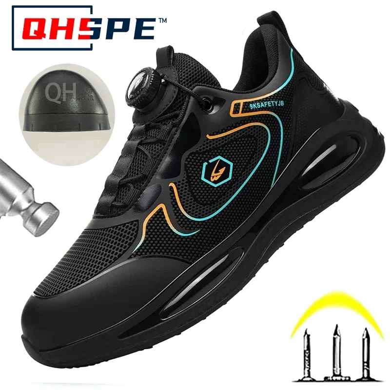 新しいスイベルバックル安全靴メンズワークスニーカー戦場ブーツ通気性鋼つま先靴安全刺し傷防止メンズブーツ