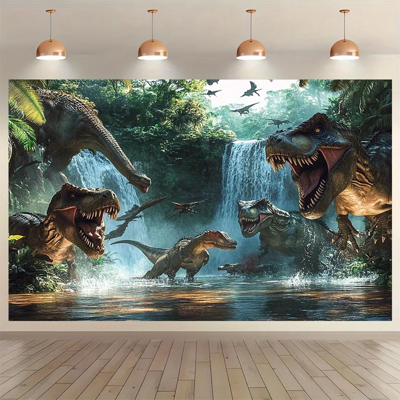Dinosaur Adventure Tapestry Wall Hanging Vibrant Waterfall Scene for Photo Background and Party Decoration
