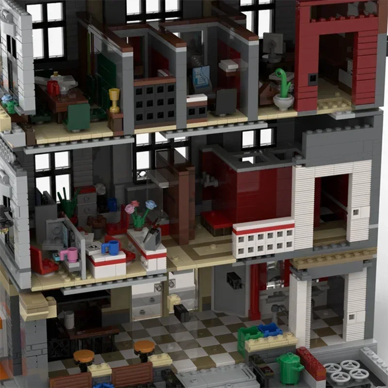 Moc อาคารอิฐ Old Town รุ่น Bus Station และสํานักงานกฎหมายเทคโนโลยี Modular Blocks ของขวัญของเล่นคริสต์มาส DIY ชุดประกอบ