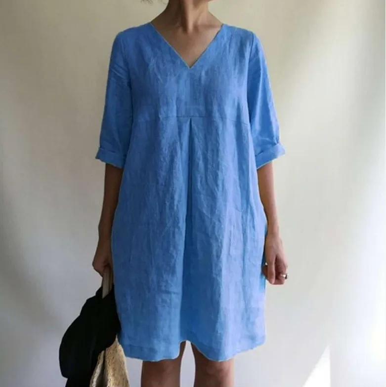 Casual Cotton Linen Shirt Dress For Women Solid Color V Neck Ruched Summer Midi Dress Simple Style Big Size Beach Short Dresses