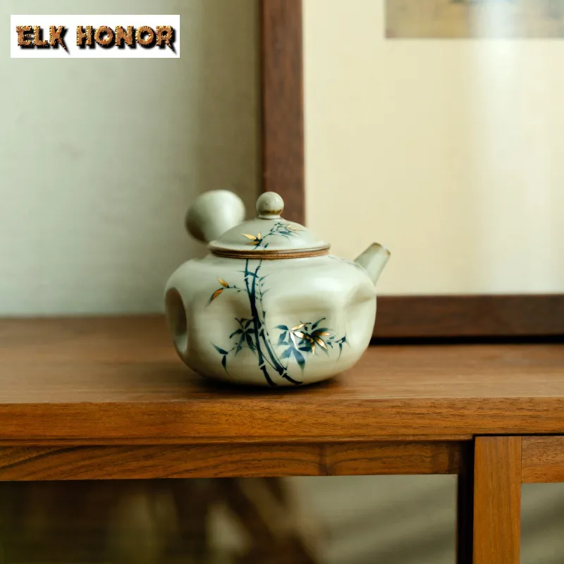 180ML Antique Gold Drawing Side Handle Teapot Pure Hand-painted Green Bamboo Pot Tea Maker Kettle For Tea Equipment Ornaments