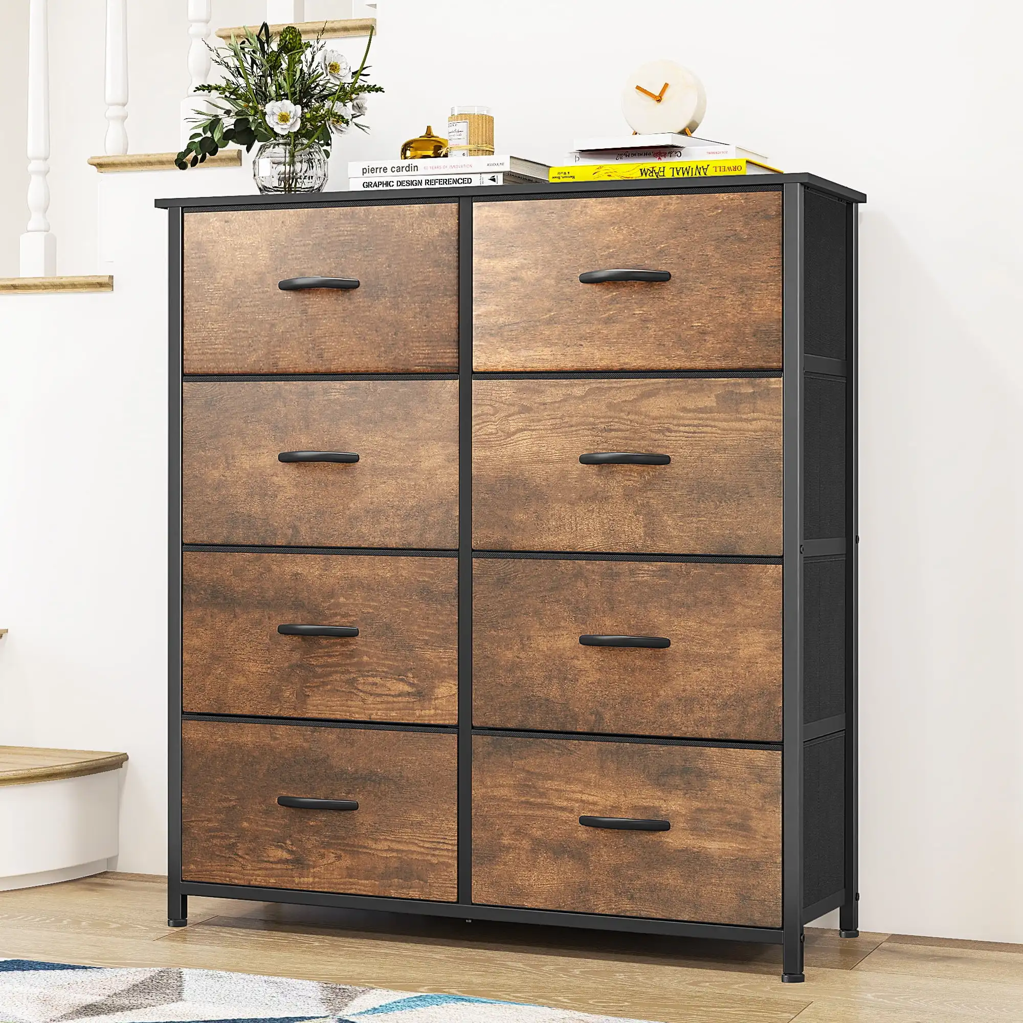 

8-Drawer Fabric Dresser, Modern Storage Tower for Adults & Teens, Charcoal Black Wood Grain