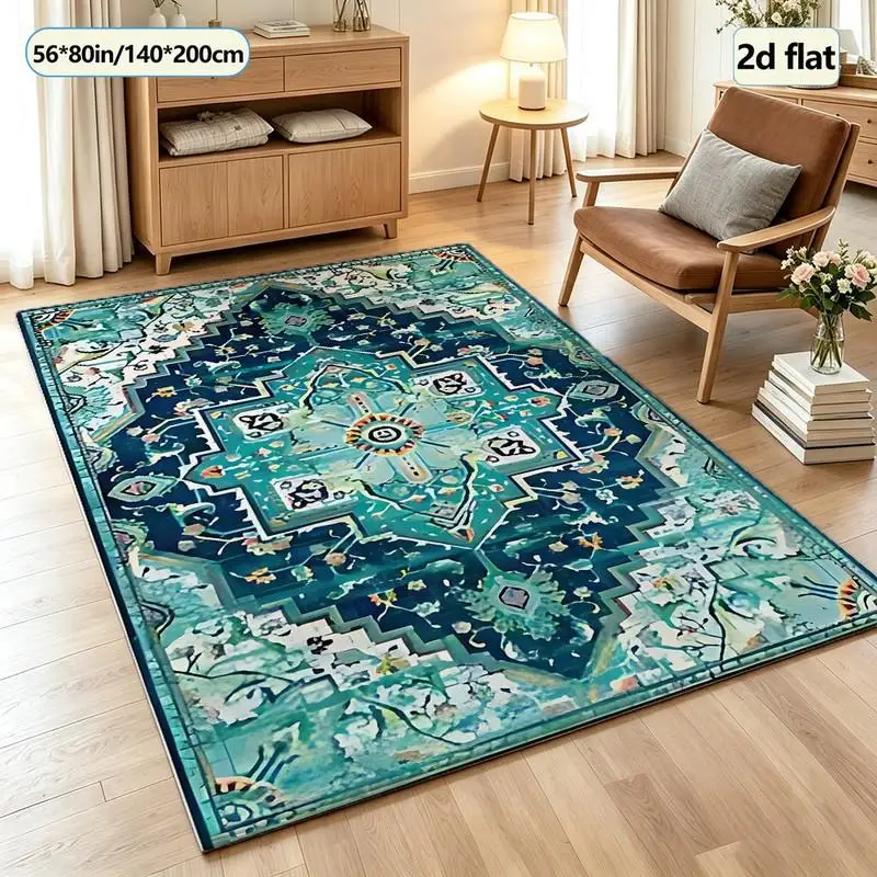 Teal Bohemian Medallion Carpet Flooring Ethnic Square Area Rug For Living Room Bedroom Household Home Decoration