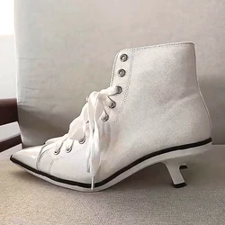 Fashion White Cloth Patchwork lace- up Ankle Boots Kitten Strange Heels Ladies Patent Leather Pointed Toe Short Bottines