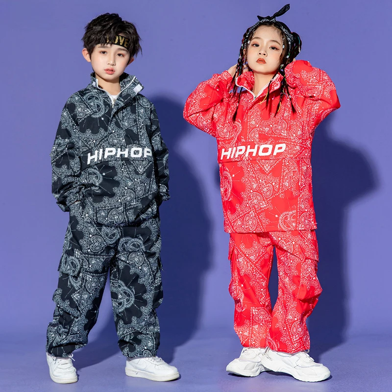 

Boy Hip Hop Paisley Sweatshirt Cargo Pants Clothes Sets Girls High Collar Top Joggers Child Street Dance Kids Streetwear Costume