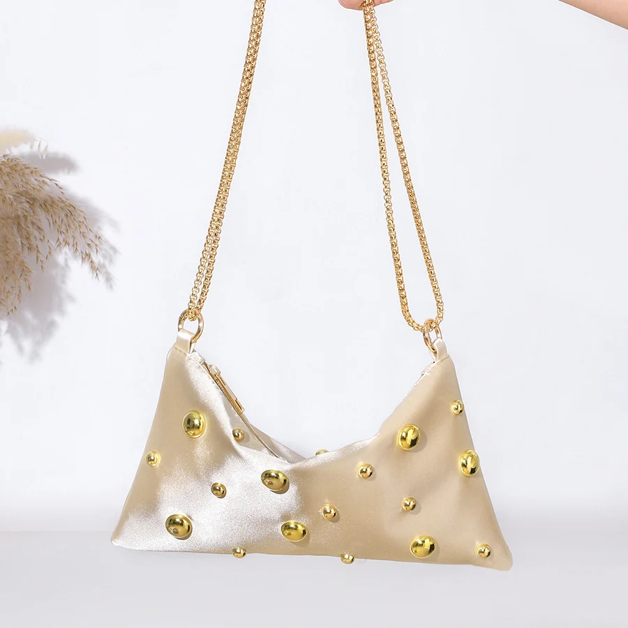 

Fashion solid color beaded chains underarm bag, Champagne satin zipper single-shoulder crescent-shaped evening bag purse handbag