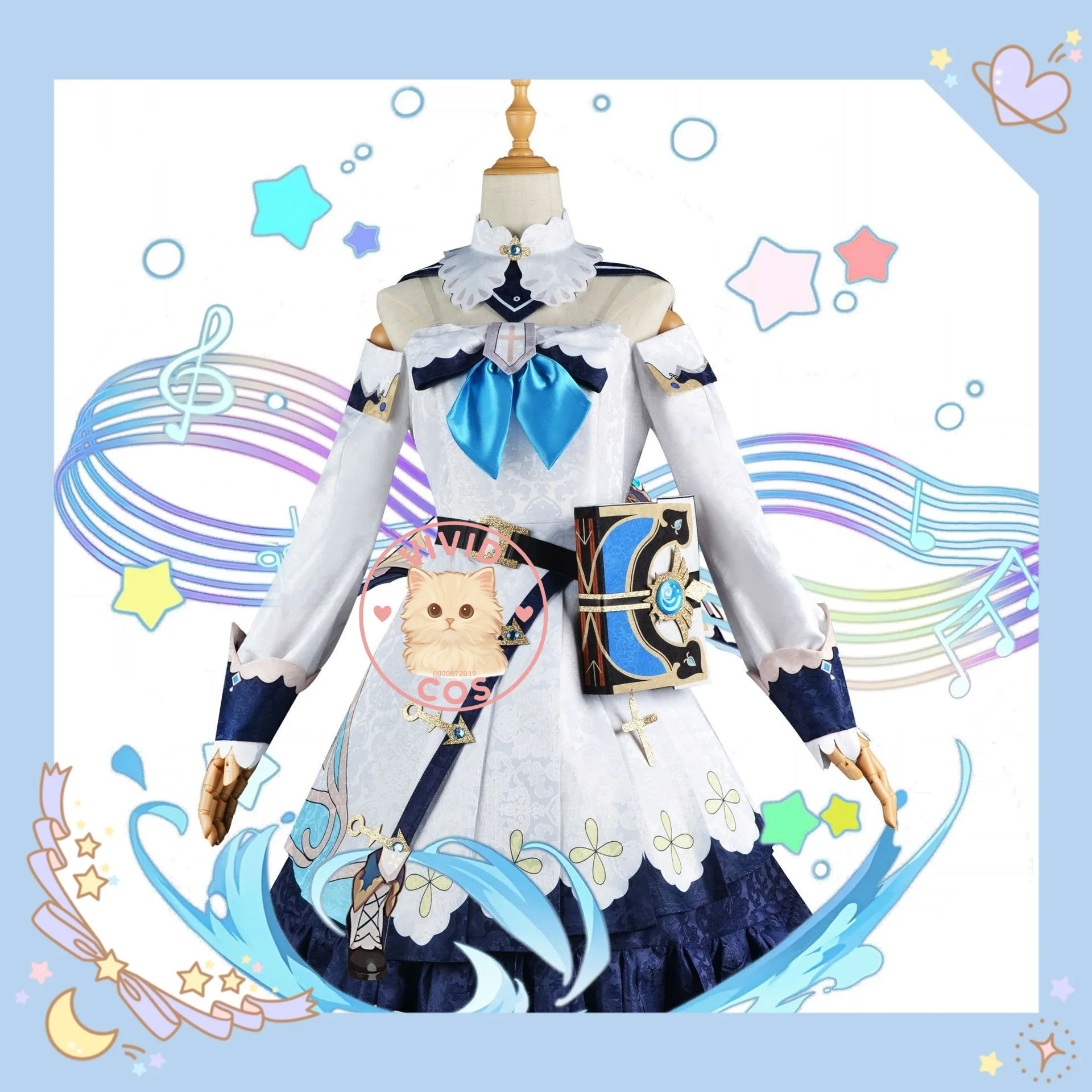 

Genshin Impact Barbara Deaconess of The Church of Favonius and Healer Subtle Floral or Wave Patterns Cosplay Costume Blue Bows