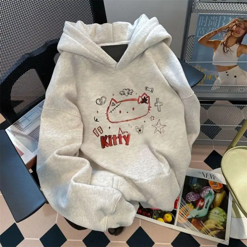 

Новая толстовка Sanrio Hello Kitty в корейском стиле, унисекс, осенне-зимняя, в японском стиле, с мультяшным принтом, универсальная, свободного кроя, оверсайз