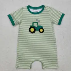 New rts baby boy summer romper wholesale boutique embroidery farm tractor green striped short sleeve jumpsuit SR2431