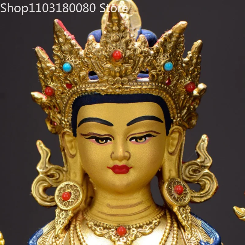 15cm Brass Gilded Four-Armed Avalokiteshvara Chenrezig Statue Hand-Painted Face Tibetan Buddhism Bodhisattva Sculpture