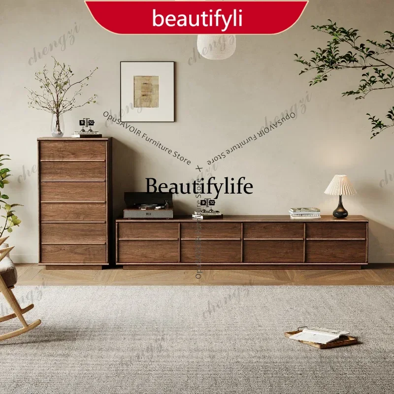 smt45 Solid Wood TV Stand Walnut Color Mid-Century Modern Media Console TV Stands Fluted (Grooved) Design Living Room Furniture