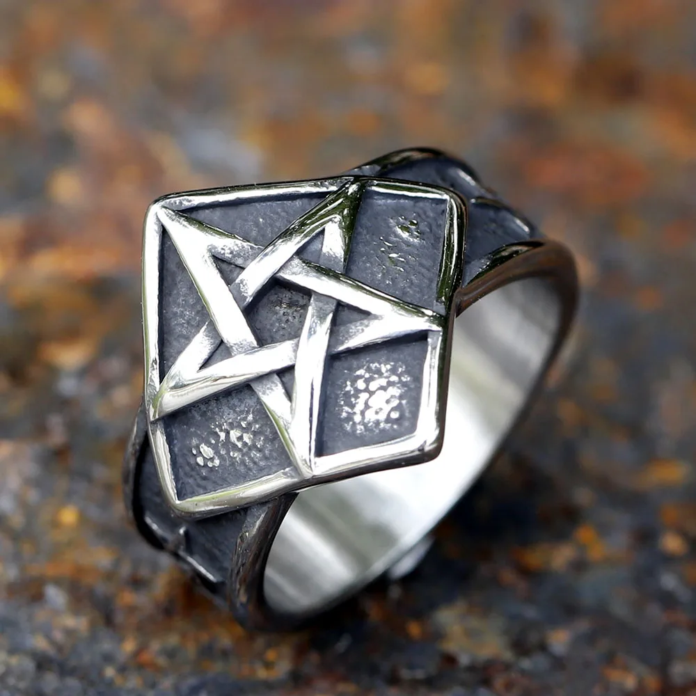 2023 New Gothic fashion pagan pentagram star Ring For Men Women Stainless Steel Male Anel Gift free shipping