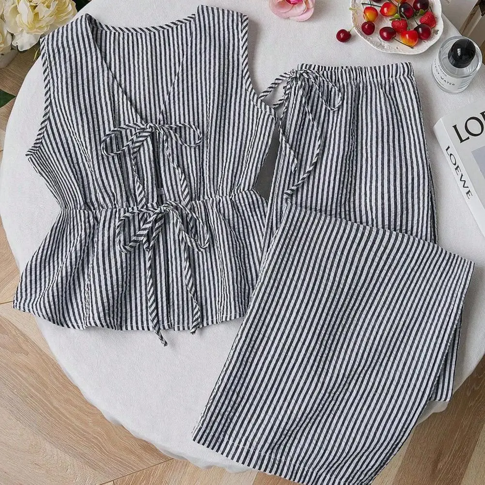 

Galactic Isle Women's Striped 2 Piece Outfits Tie Front Ruffle Tank Top And Wide Leg Pants Sets Casual Sleeveless Lounge Sets