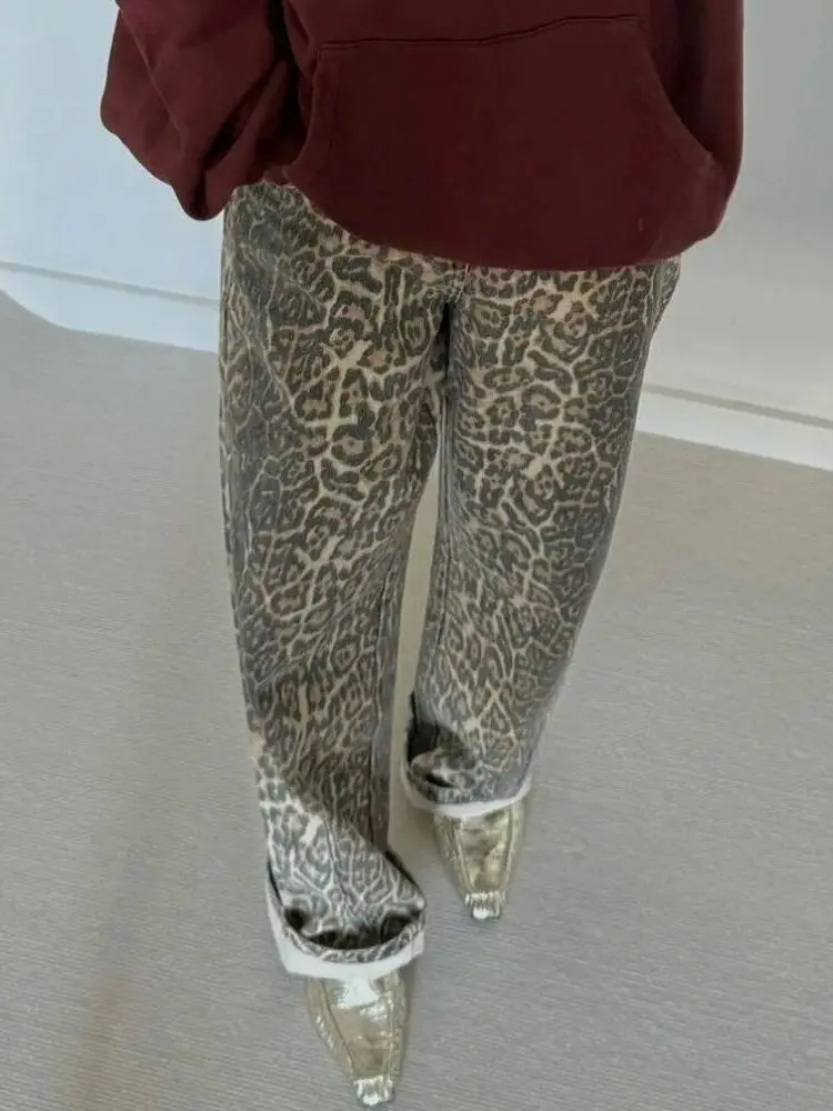 

Street Leopard Loose Women's Trousers Faion High Waist Wide Leg Cleanfit Sle Mid-aged plus Size Medium Elastic PU Denim