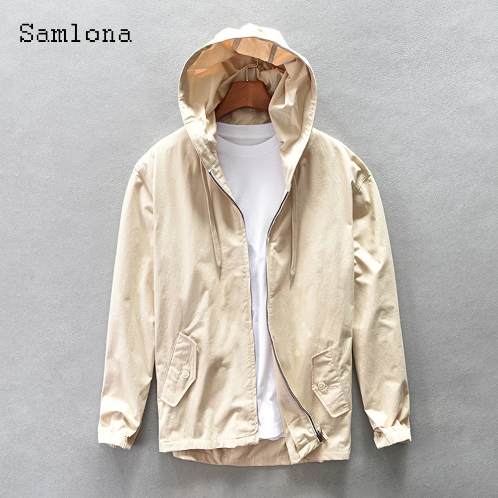 

Samlona 2022 Kpop Style Fashion Zipper Pockets Hooded Tops Outerwear Mens Autumn Khaki Blue Jackets Male Casual Street Hoodies