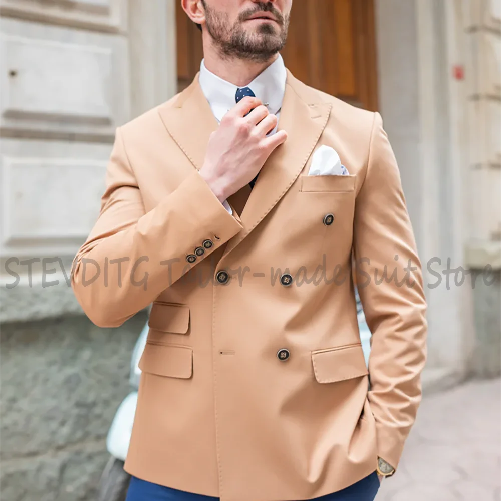 

High Quality Solid Men Suit 2 Piece Classic Double Breasted Peak Lapel Daily Casual Male Clothing Formal Party Prom Suit Set