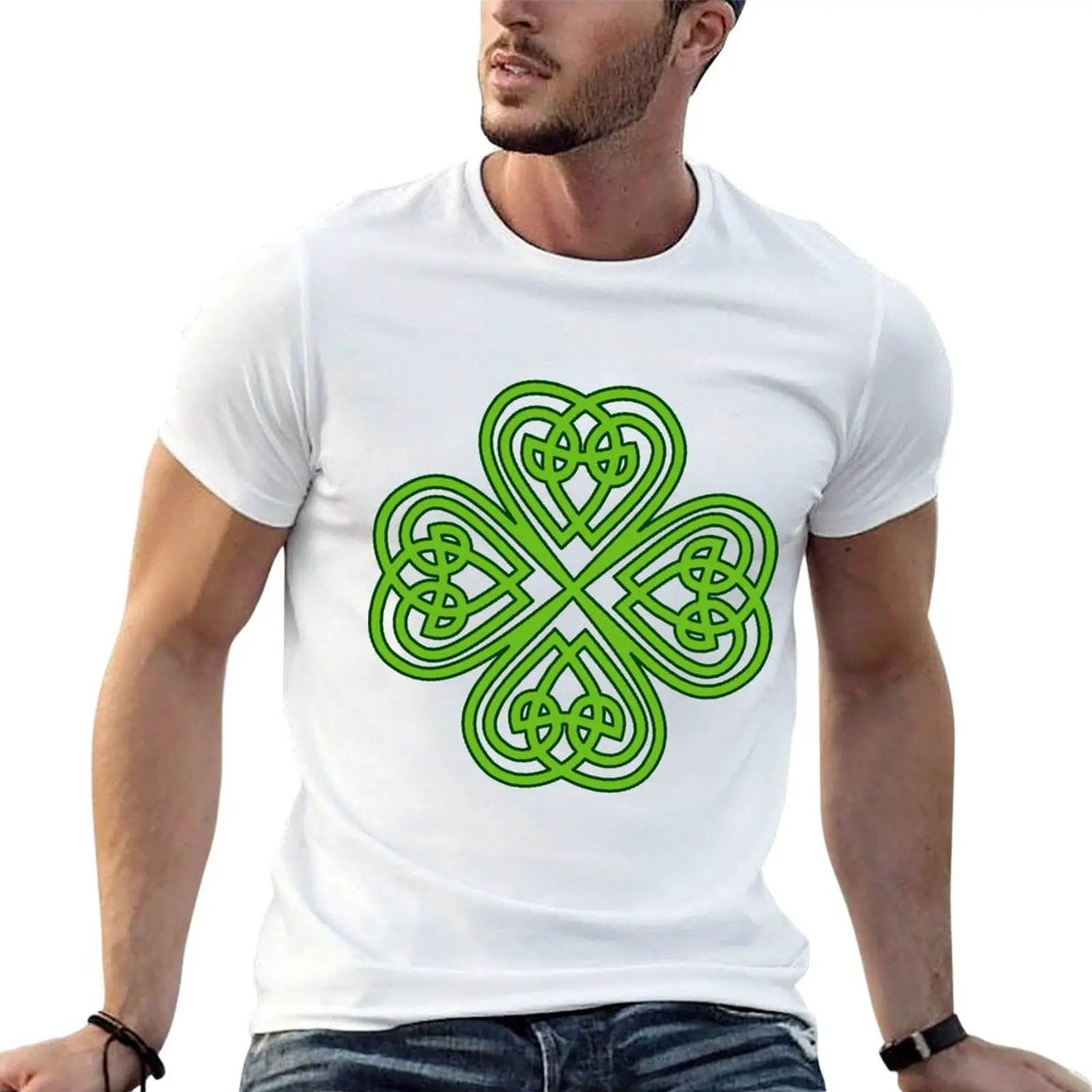 Celtic Four Leaf Clover T-Shirt Minimalist Plain Crew Neck T-Shirt
