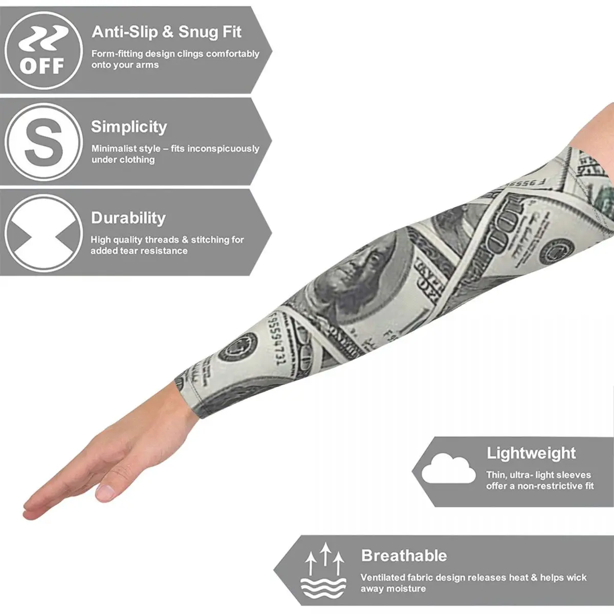أموال غنية جديدة بالدولارات في الهواء الطلق أكمام أذرع تبريد من الشمس فوق البنفسجية غطاء حماية الصيف ركوب الدراجات أكمام الوشم
