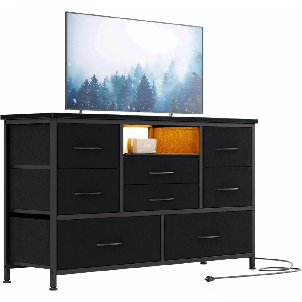 Power Outlet & LED for 55'' TV, Long Dresser for Bedroom with 8 Deep Drawers, Wide Console Table for Storage in Closet