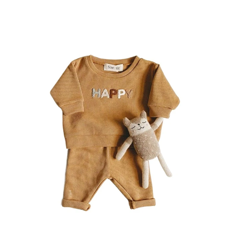 2025 Children's Autumn New Waffle Alphabet Embroidered Pattern Hoodie and Pants Two Piece Set