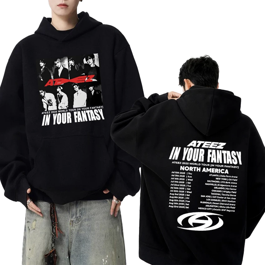 2025 الخريف الشتاء كوريا Kpop Ateez جولة حول العالم في الخيال الرسومات هوديي الرجال النساء الاتجاه Y2k البلوز للجنسين كنزة صوف