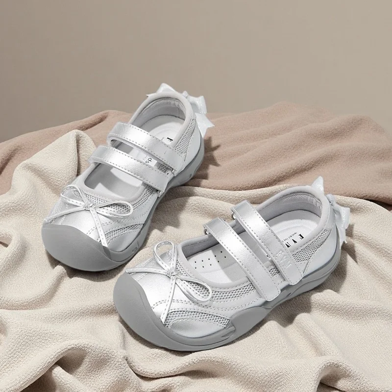 

Girls Silver Ballet Sneakers 2026 Lightweight Mesh Princess Casual Shoes for Toddler Girls Breathable Non-Slip Sport Flats