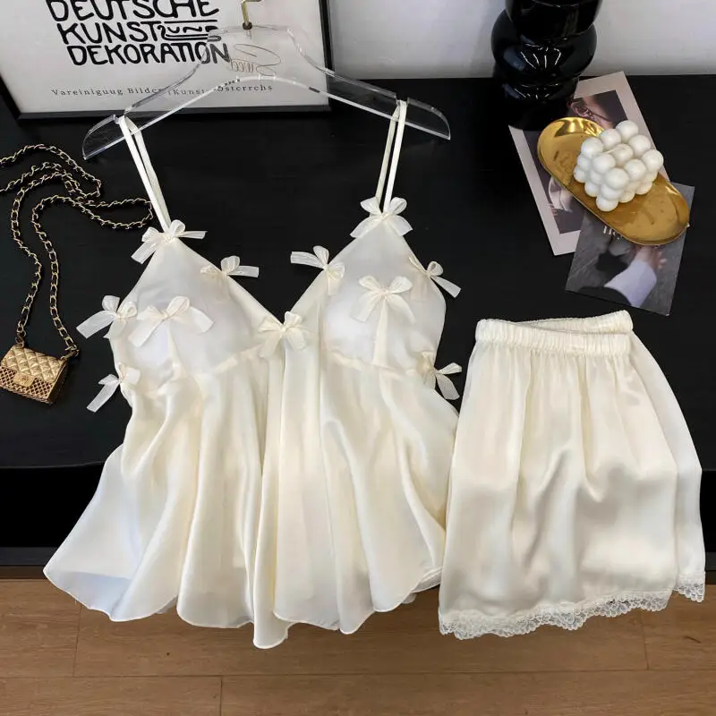 Women Silk Satin Pajamas Set Pink Lace Bow Pijamas Suit Homewear Strap Top& Shorts Lingerie Soft Solid Color Pjs Loungewear