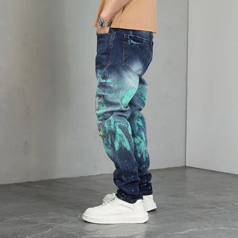 Fashionable hand-painted graffiti printed jeans for men, straight leg high street fashion brand, cool and personalized pants