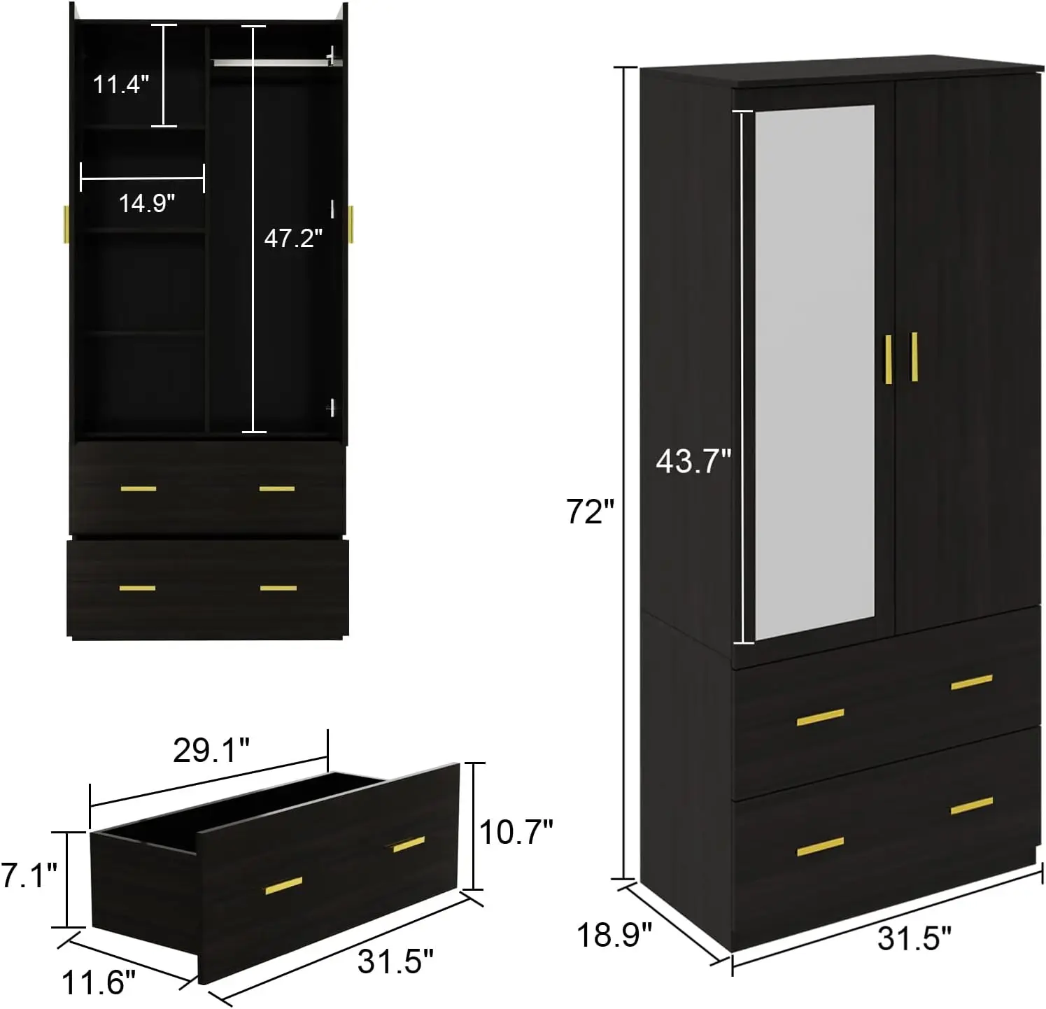 Aiegle 2 Doors Wardrobe Armoire With Mirror, Freestanding Mirrored Armoire Wardrobe Closet With 2 Drawers, Shelves & Hanging