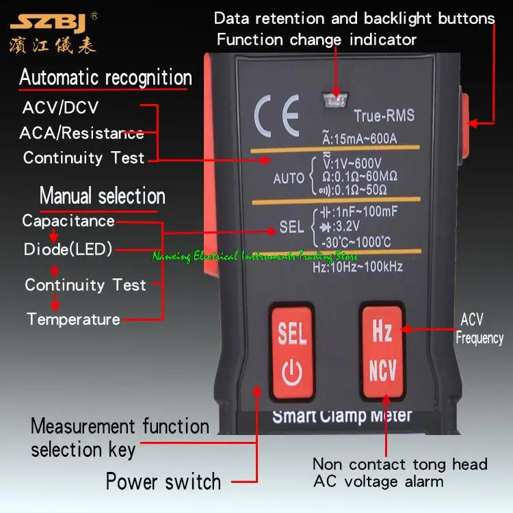 SZBJ BM18A True RMS auto range NCV Hz overload protection 9999 count small smart digital AC clamp meter multimeter