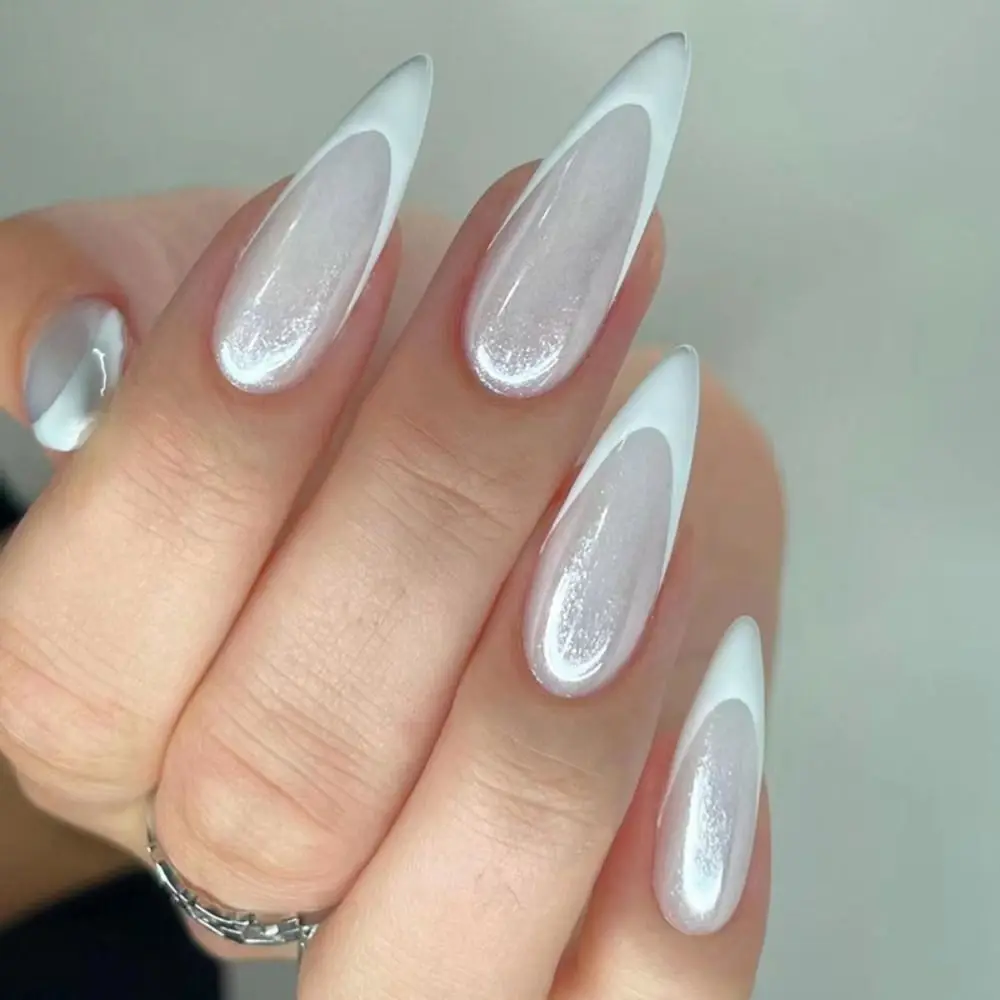 24pcs Long Stiletto French Fake Nails White Edge Simple Aurora False Nails Full Cover Press on Nails DIY Detachable Manicure