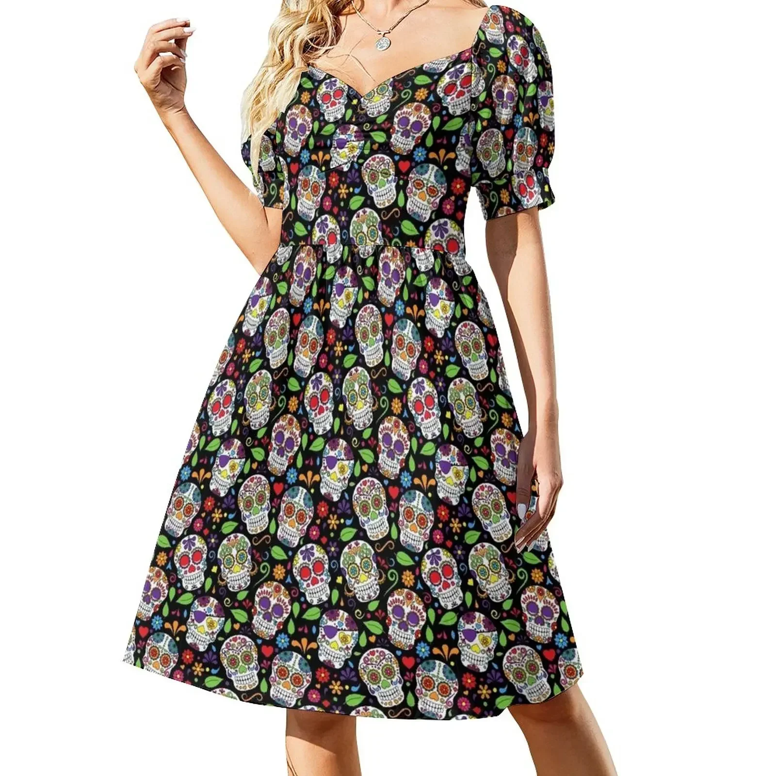 

Colorful Sugar Skull Flower Black Pattern Sleeveless Dress Women's evening dress dresses with long sleeves Dress