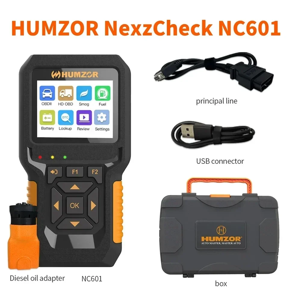 New+ HUMZOR NexzCheck NC601 12V 24V Gasoline and Diesel OBD2 Code Scanner I/M Readiness, Smog Check, Fuel Analysis, Battery Test