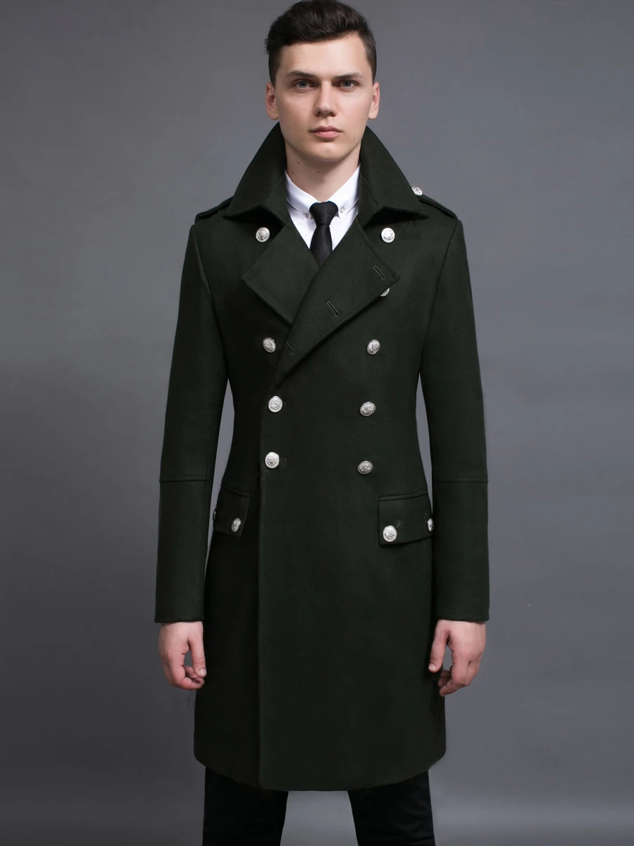

Long Woolen Coat Men's Double Row Vintage Military een Large Size Faionable Urban Winter Warm Flap ket Stand Fit