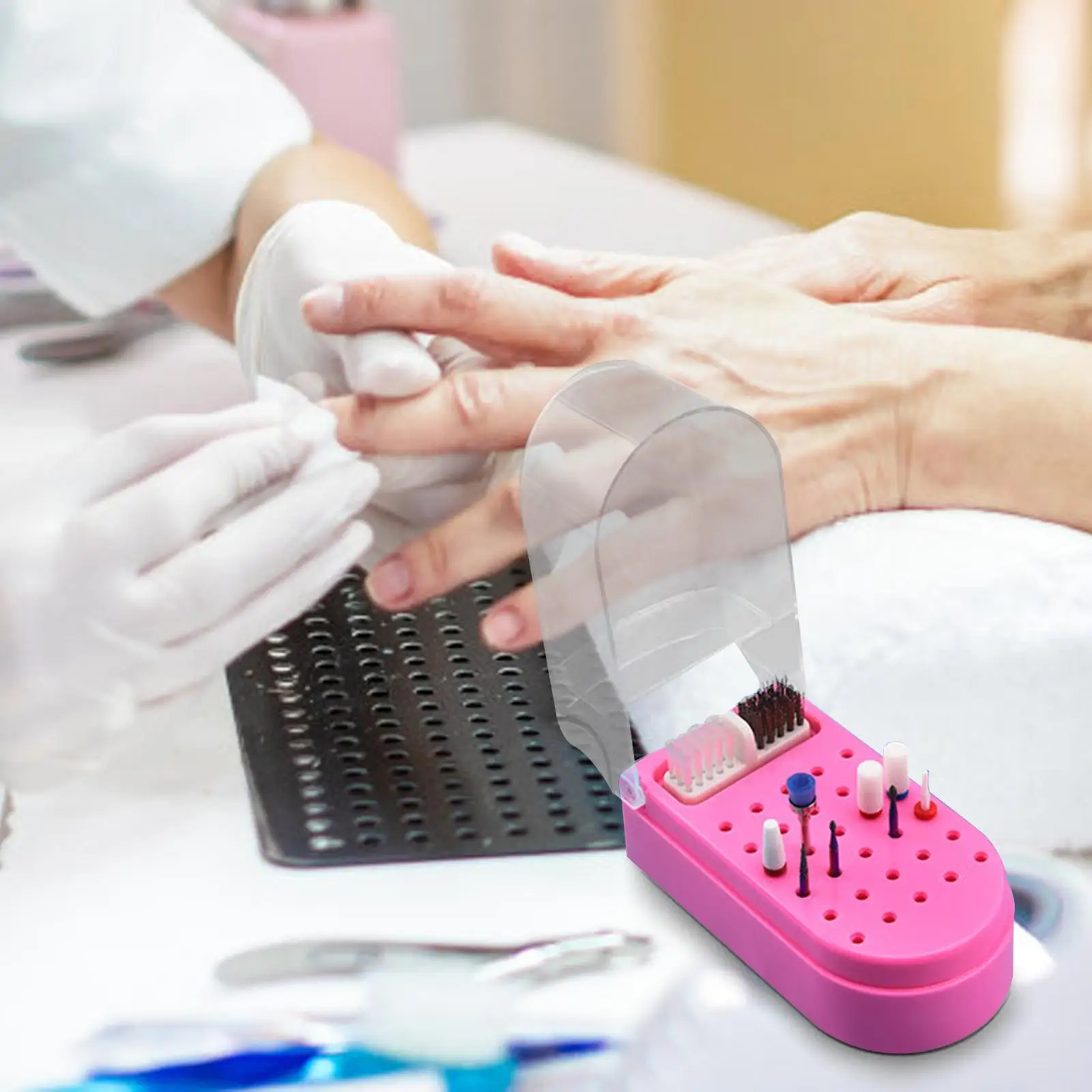 Nail Drill Bit Holder Durable Plastic Display Stand Pink Case with Soft Brush for Nail Salon Manicure DIY