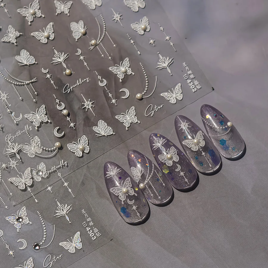 1 Stück 5D Strass Perlen Nagelaufkleber hochwertiger weißer Schmetterling Stern und Mond Kristall buntes Insekt Design Nail Art Aufkleber
